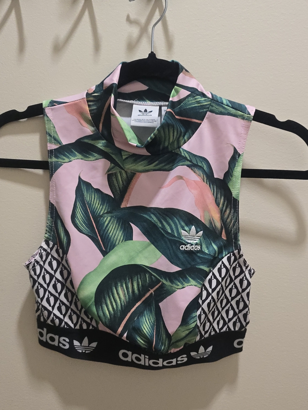 adidas Pink Tropical Leaf Crop Top with Green Print